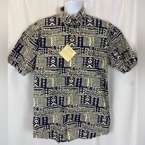 Vintage Orvis Shirt Men XL Polynesian Hawaiian Button Up Camp Blue Tan Beach